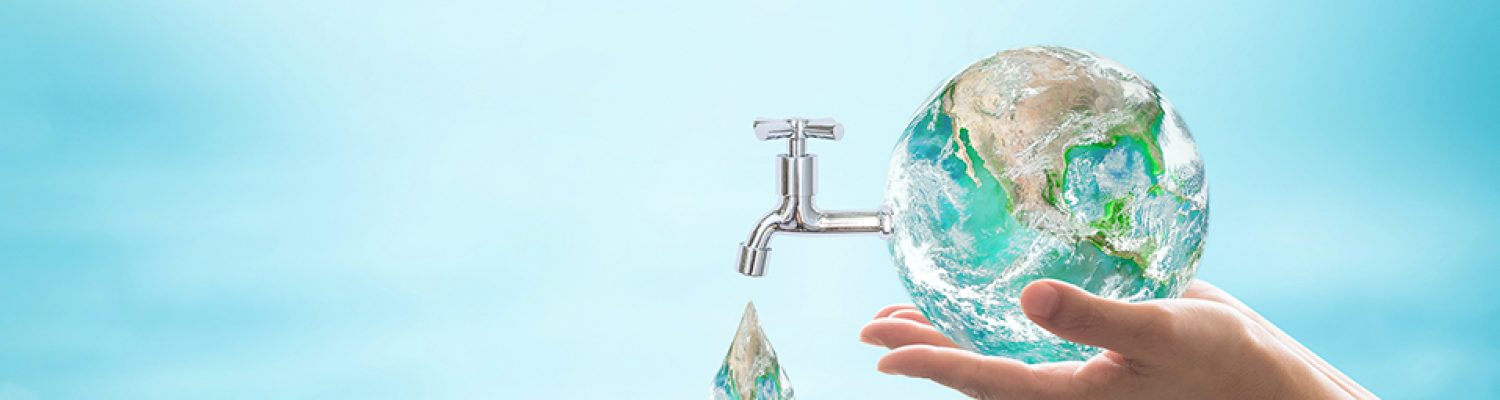 World water day, saving bio natural environment concept with hands holding green planet globe with drop water and blue ocean background. Element of the image furnished by NASA